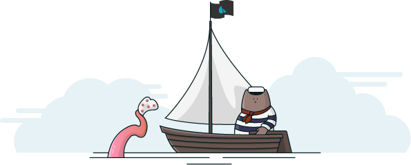 A tentacle emerges from the water, waving at a bearkat in a sailboat