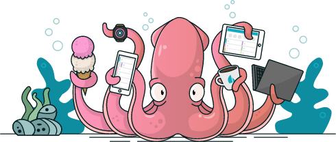 A squid holding various electronic devices in his tentacles, along with an ice cream cone and a cup of coffee
